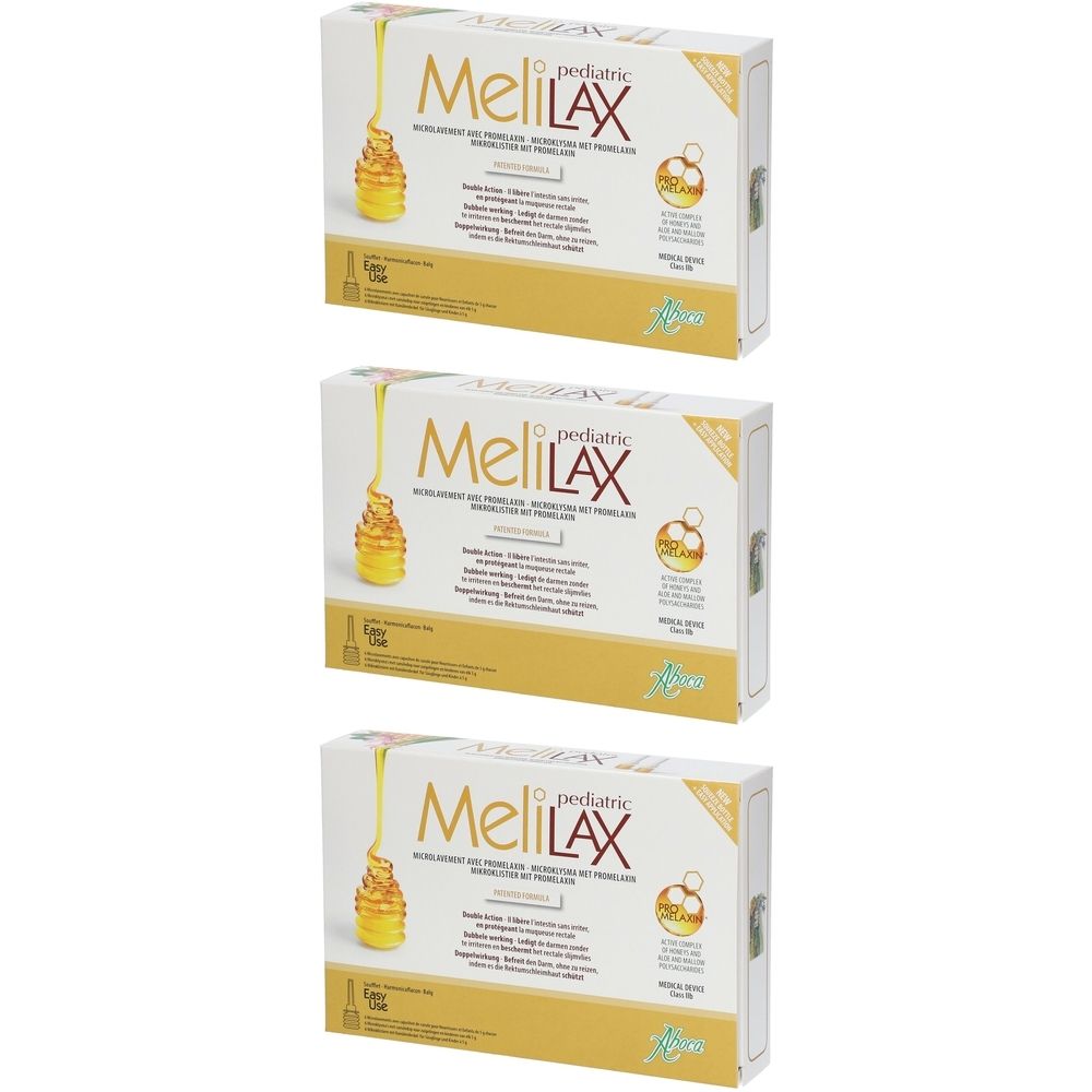 Drie dozen met Melilax pediatric. Witte en gele verpakking met logo en productinformatie.