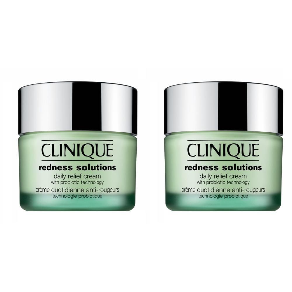 Twee groene potjes met zilveren deksels. Opschrift: Clinique, Redness Solutions, Daily Relief Cream, probiotische technologie.