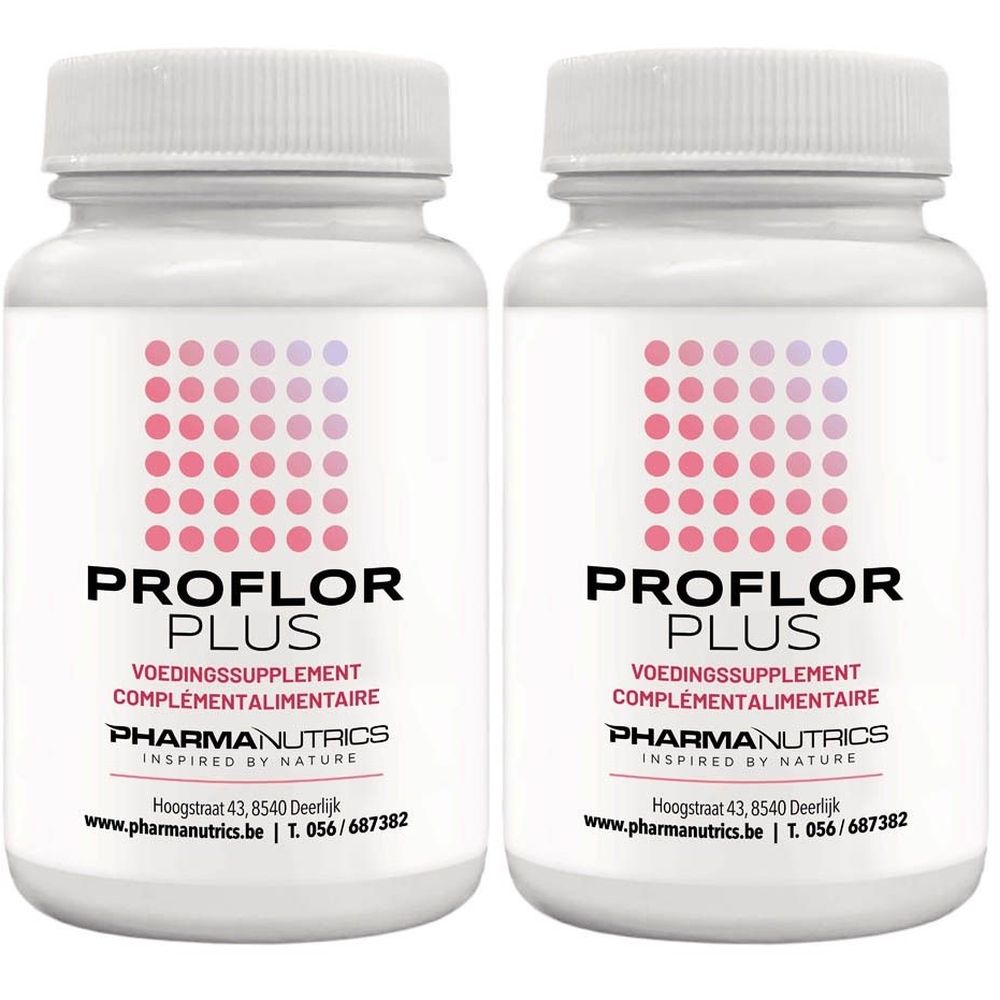 Twee witte flessen met roze stippen en de tekst "PROFLOR PLUS". Daaronder staat "PHARMANUTRICS".