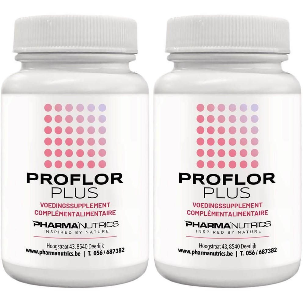 Twee witte flessen met roze stippen en zwarte tekst. Opschrift: PROFLOR PLUS, VOEDINGSSUPPLEMENT, PHARMANUTRICS.