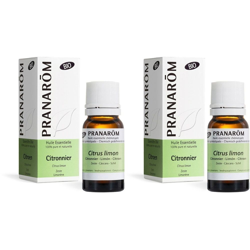 Deux flacons et boîtes. Inscription : Pranarôm, Bio, Citrus limon. Flacons en verre brun, bouchon blanc.