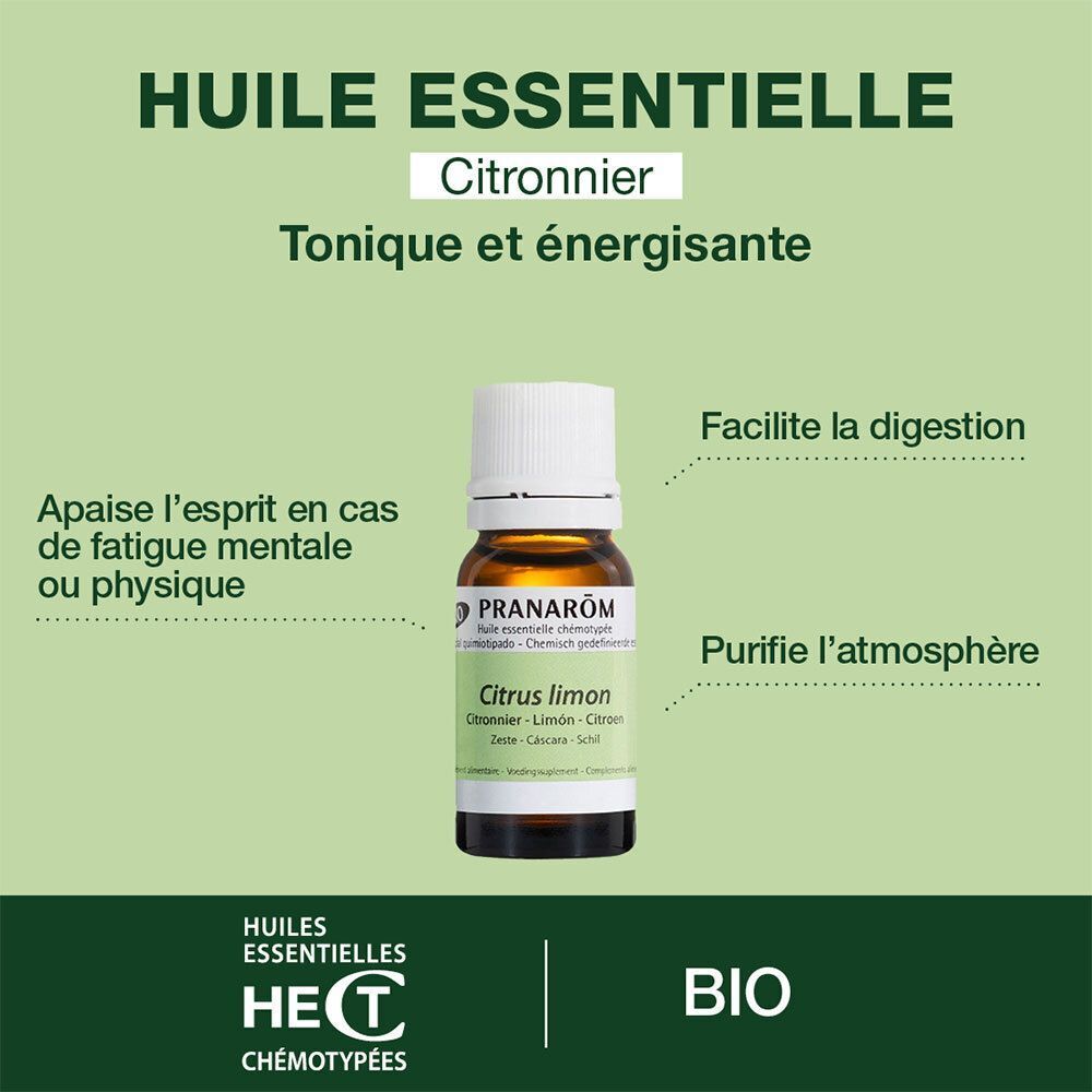 Fond vert avec texte et un flacon d'huile essentielle. Inscription : Huile Essentielle, Citronnier, Bio, Pranarôm, Citrus limon.