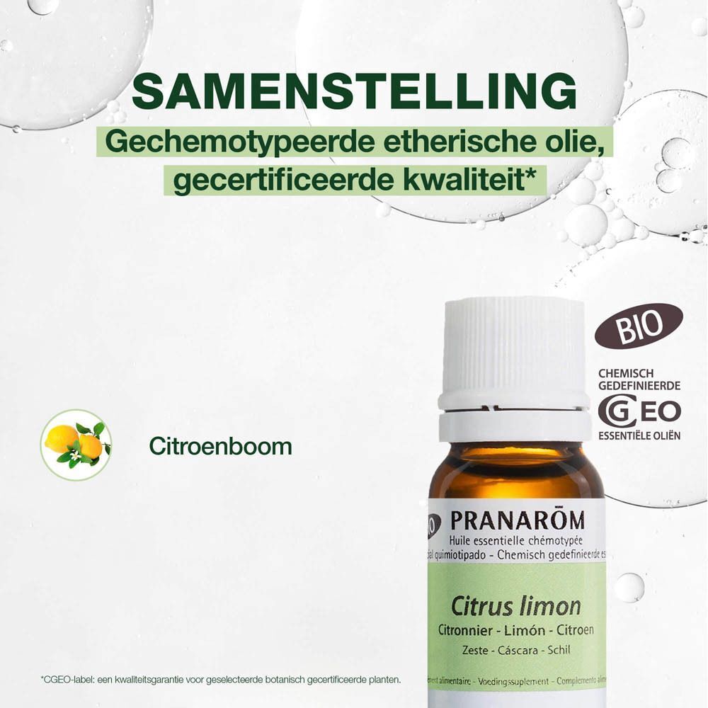 Groene achtergrond met tekst en een fles essentiële olie. Opschrift: Samenstelling, Bio, Pranarôm, Citrus limon.