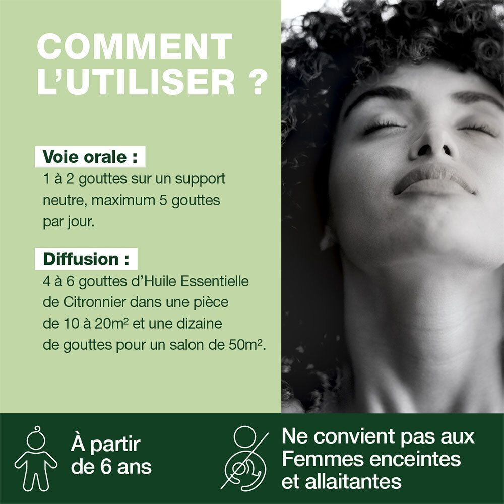 Texte et une femme. Inscription : Comment l'utiliser ?, Voie orale, Diffusion. Ne convient pas aux femmes enceintes et enfants -6 ans.