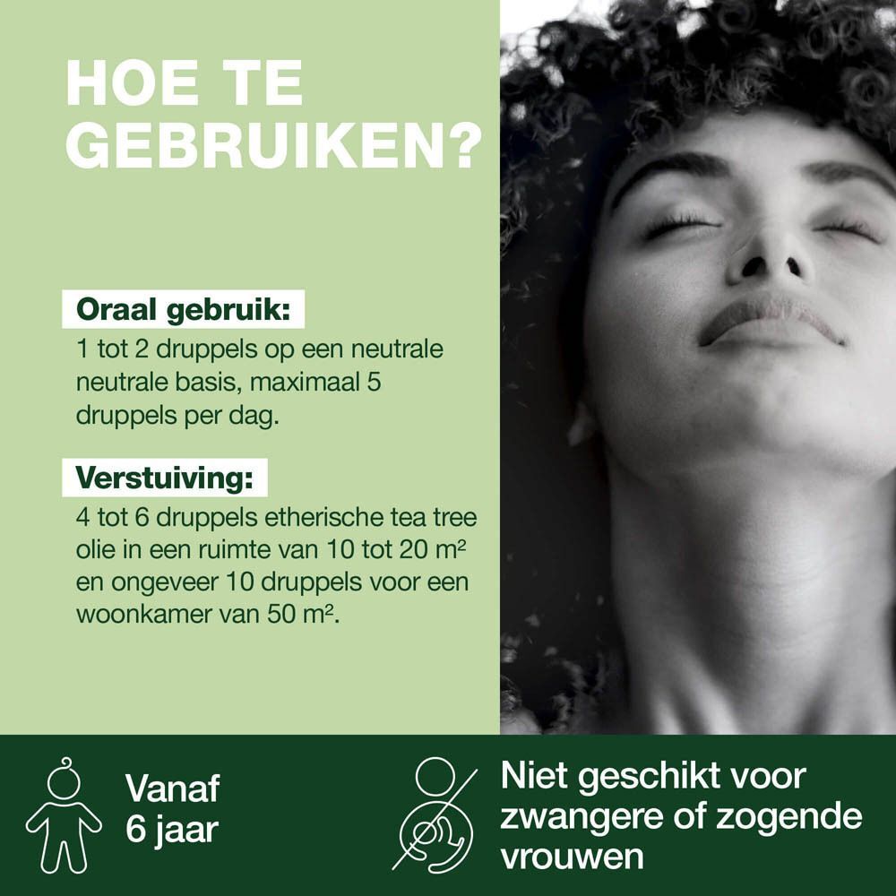 Tekst en een vrouw. Opschrift: Hoe te gebruiken ?, Oraal gebruik, Verstuiving. Niet geschikt voor zwangere vrouwen en kinderen -6 jaar.