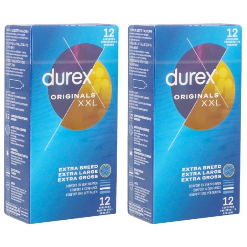 Deux boîtes bleues avec "durex ORIGINALS XXL". Texte : EXTRA BREED, EXTRA LARGE, EXTRA GROSS. Contient 12 préservatifs.