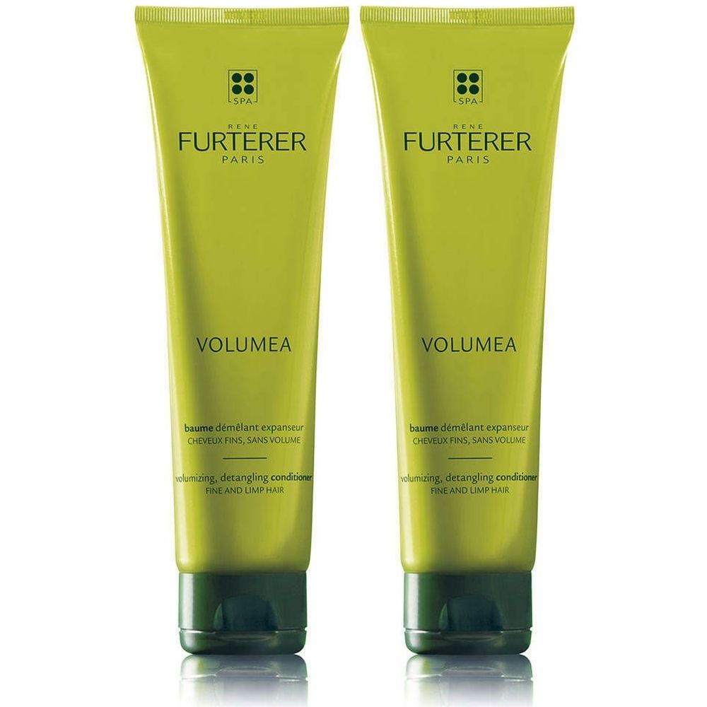 Deux tubes verts. Inscription: FURTERER PARIS, VOLUMEA, Baume démêlant expanseur. Pour cheveux fins et sans volume.