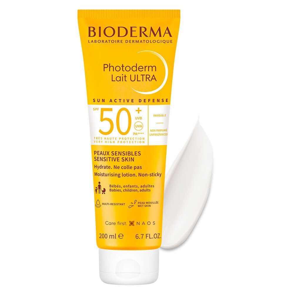 Tube BIODERMA Photoderm Lait ULTRA SPF50+ met crème. Gele tube met witte crème.