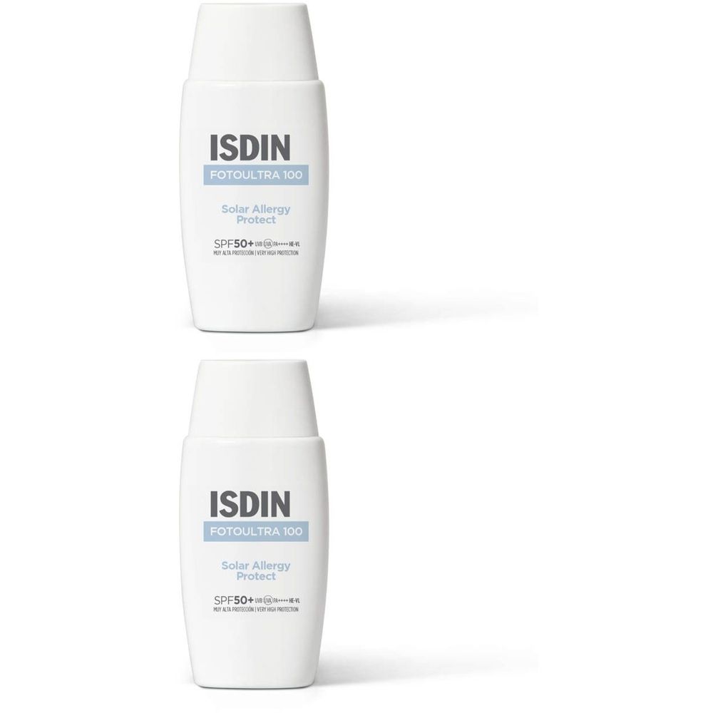 Deux flacons blancs avec logo ISDIN et texte: Fotoultra 100, Solar Allergy Protect, SPF50+.
