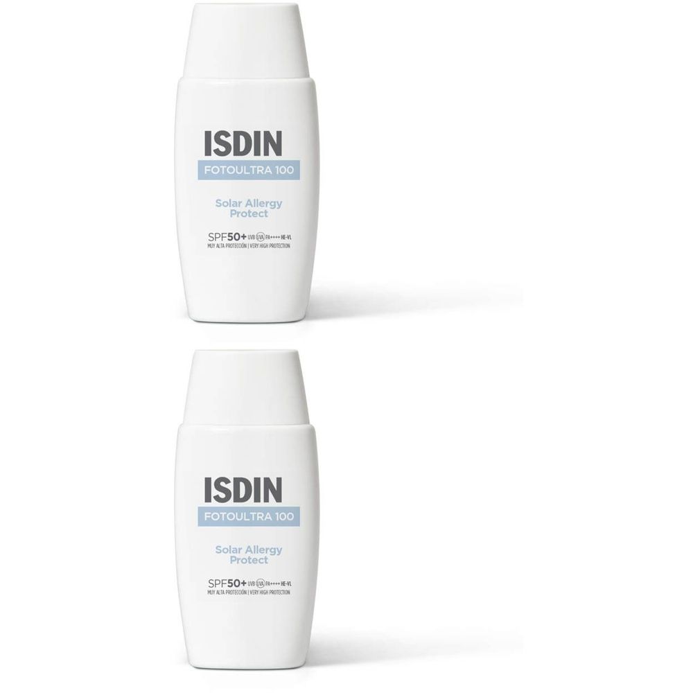 Twee witte flacons met ISDIN-logo en tekst: Fotoultra 100, Solar Allergy Protect, SPF50+.