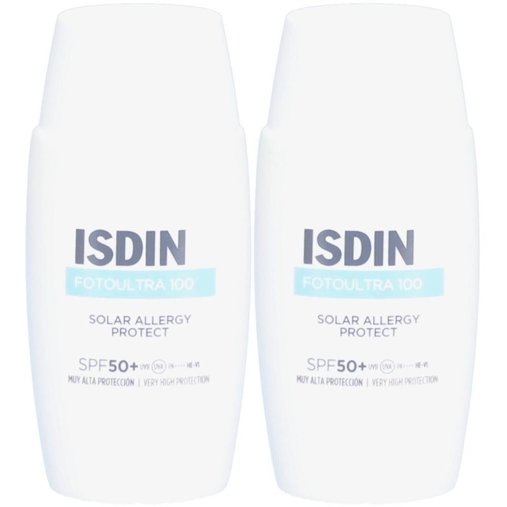 Twee witte flessen met ISDIN-logo en productnaam. Tekst: FOTOUTRA 100, Solar Allergy Protect, SPF50+.