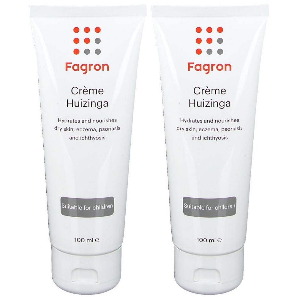 Deux tubes de Fagron Crème Huizinga. Tubes blancs avec logo rouge et gris. Texte: Hydrates and nourishes dry skin, eczema, psoriasis and ichthyosis.