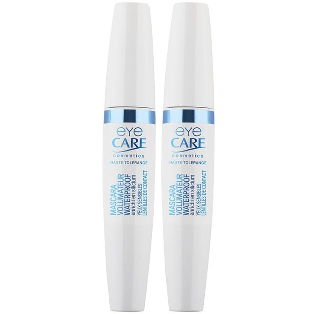 Deux tubes de mascara blancs avec bande bleue et inscription EYE CARE. Inscription : Mascara Volumateur Waterproof.