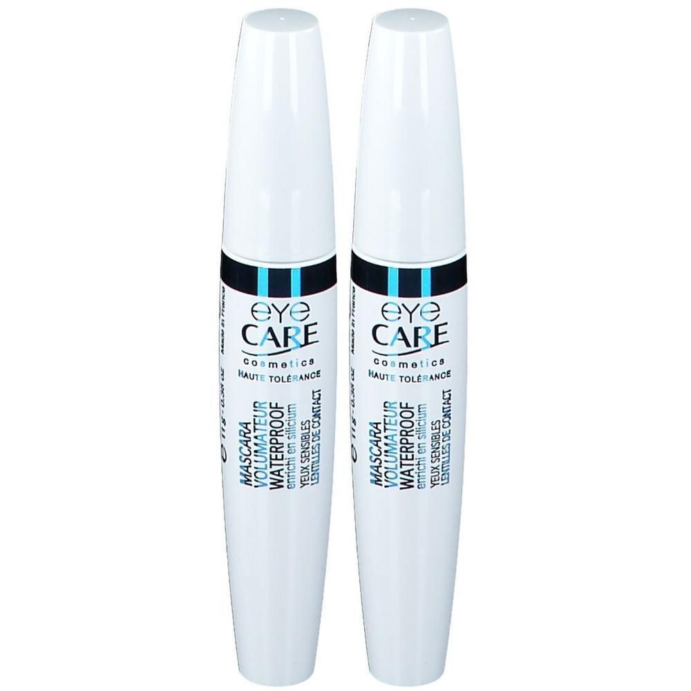 Deux tubes de mascara blancs avec bande noire et bleue. Texte: EYE CARE, Mascara Volumateur Waterproof, pour yeux sensibles.
