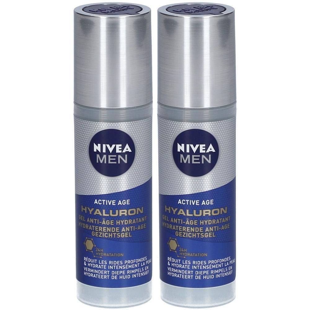 Twee flessen NIVEA MEN Hyaluron Anti-Age gel. Blauwe en zilveren verpakking. Tekst: Active Age, 24h Hydratation.