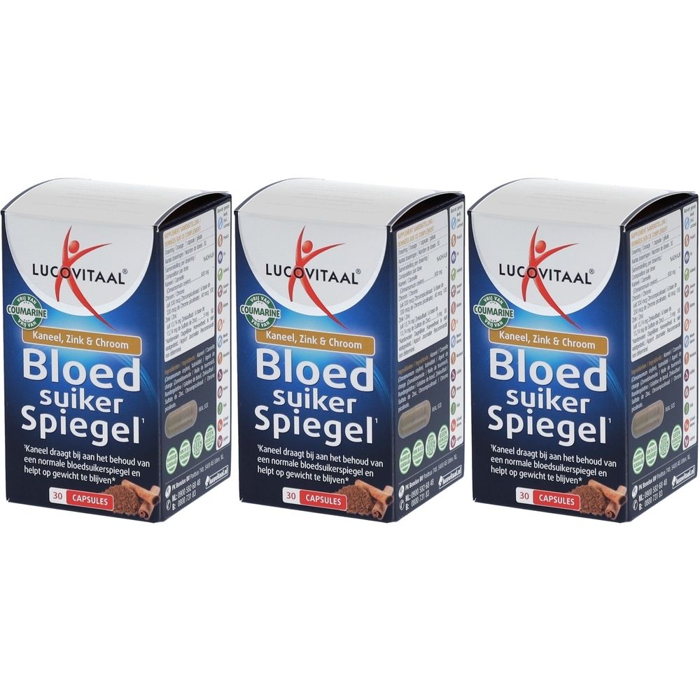 Trois boîtes de "Bloed suiker Spiegel" de Lucovitaal. Contient des gélules avec cannelle, zinc et chrome. Logo et texte visibles.