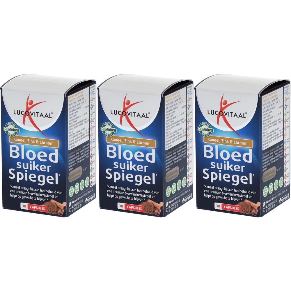 Drie dozen Lucovitaal® Glycémie. Blauw-witte verpakking met productnaam en logo. 30 capsules.