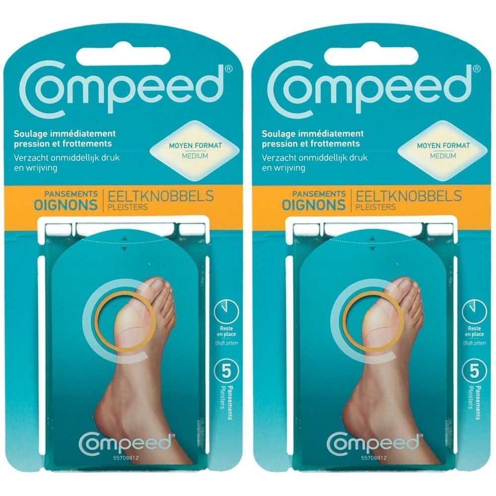 Twee verpakkingen Compeed-pleisters voor eeltknobbels. Turquoise en gele verpakking met productafbeelding en merklogo. Medium formaat.