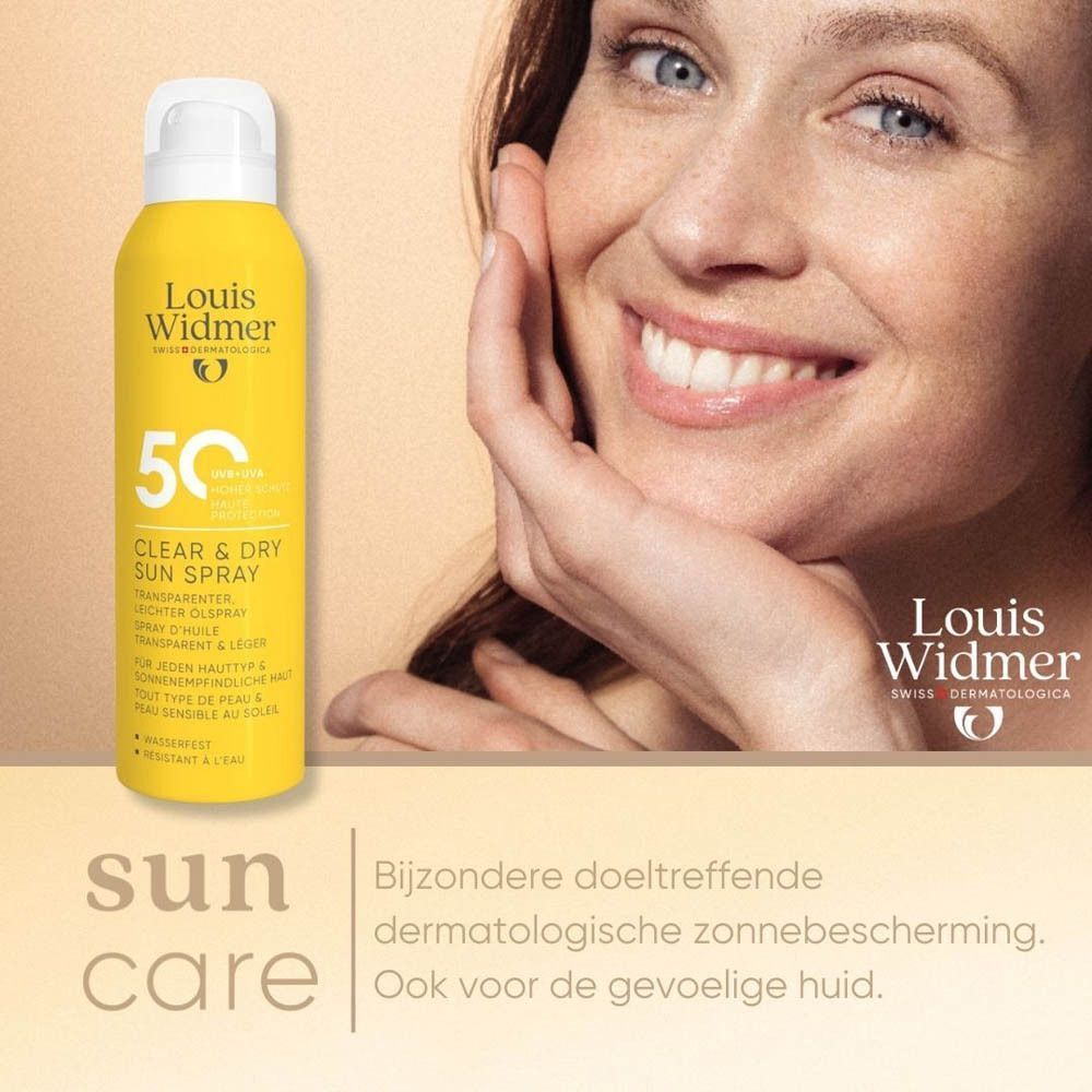 Louis Widmer Clear & Dry Sun Spray SPF50 met een vrouw.