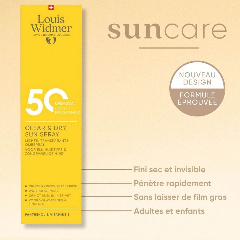 Flacon spray jaune avec informations produit et icônes, Louis Widmer Clear & Dry Sunspray SPF50.
