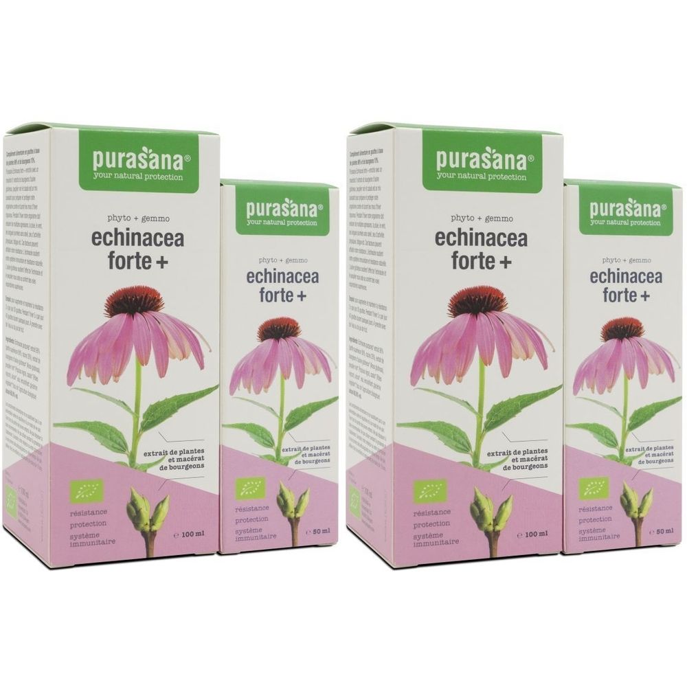 Plusieurs boîtes avec image et texte du produit. Inscription : Purasana, Echinacea Forte+. Certification bio.