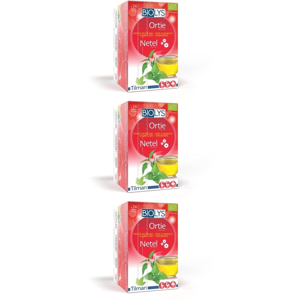 Drie rode dozen. Op elke doos staat "BIOLYS Ortie Netel". Een kopje thee en brandnetelbladeren zijn afgebeeld.