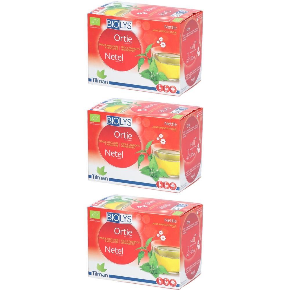 Trois boîtes BIOLYS Ortie. Boîtes rouges avec nom du produit et image de thé. Label bio.
