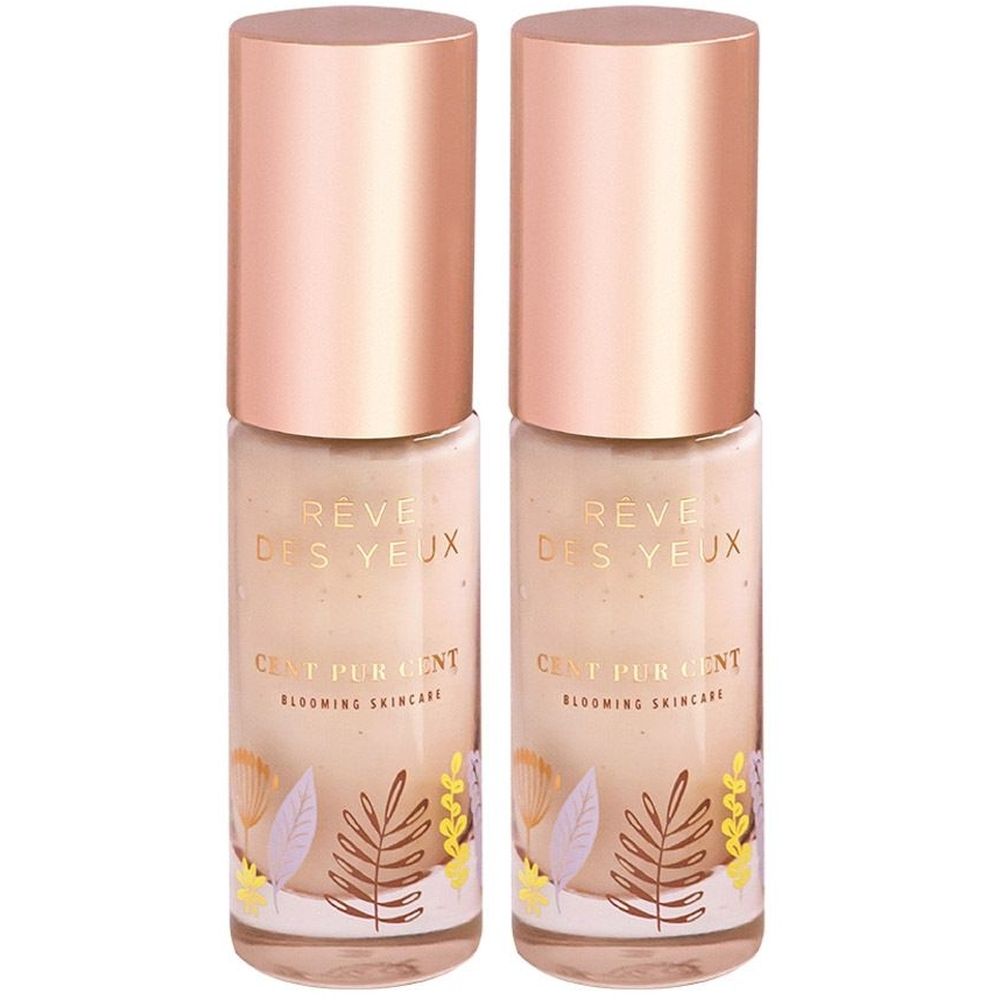 Twee flacons met roségouden doppen. Opschrift: Rêve des Yeux, Cent Pur Cent, Blooming Skincare. Bloemen decoratie.