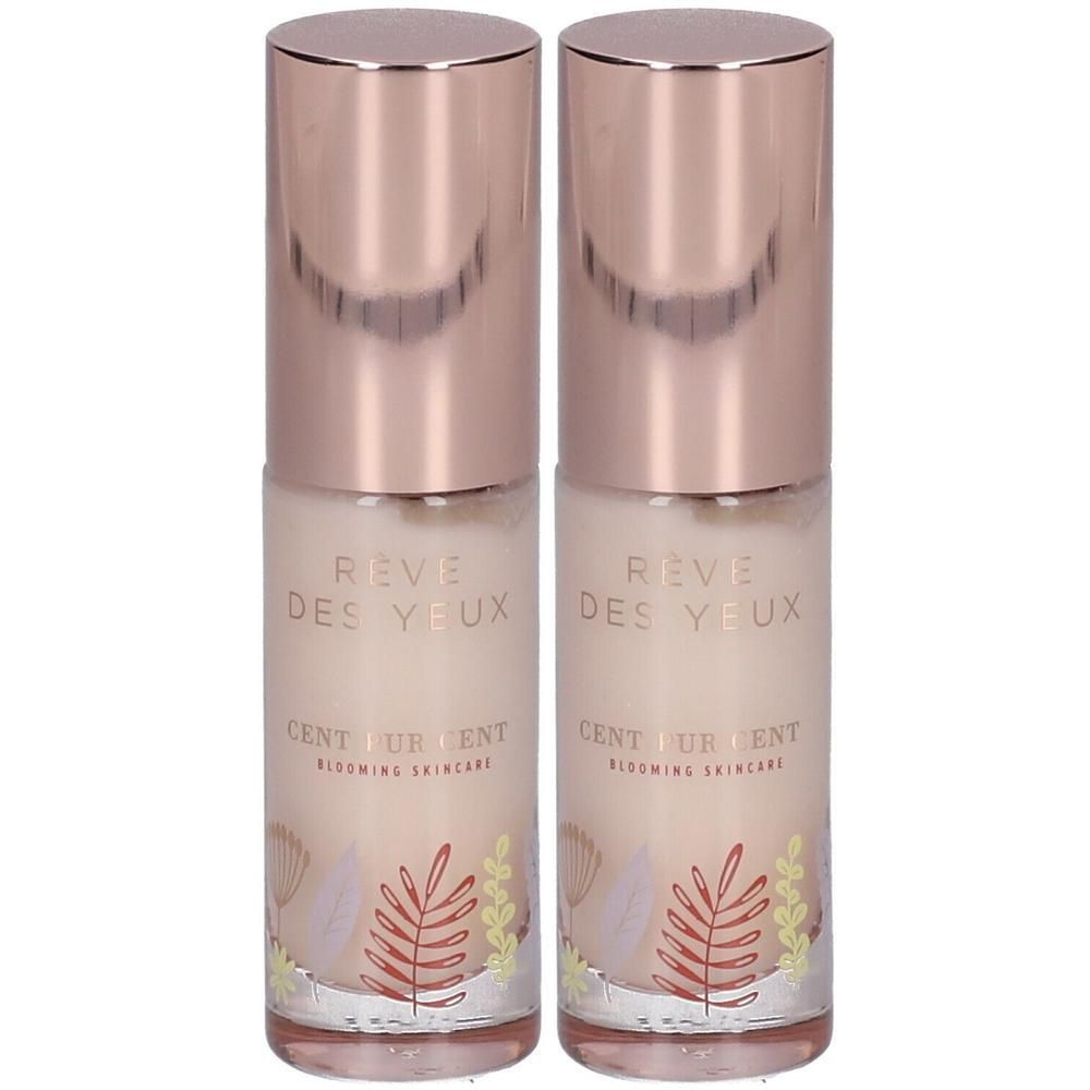 Twee flacons met roségouden doppen. Opschrift: Rêve des Yeux, CENT PUR CENT, Blooming Skincare. Bloemenmotief.