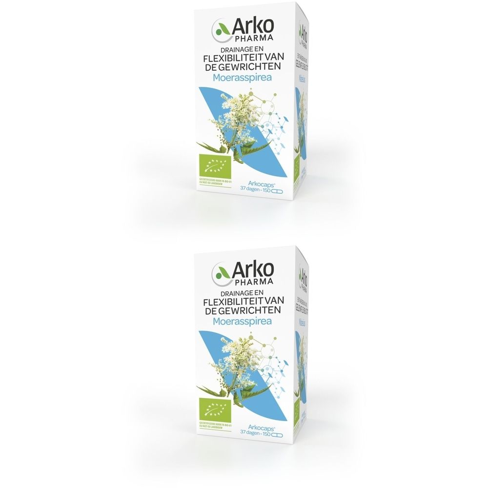 Twee witte dozen Arkocaps Moerasspirea. Opschrift: Drainage en Flexibiliteit van de Gewrichten.
