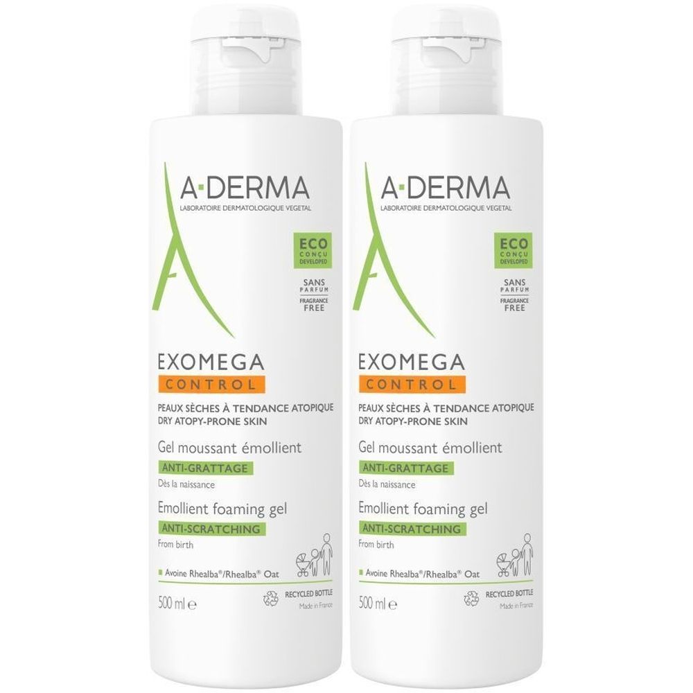 Twee witte flessen A-DERMA EXOMEGA CONTROL. Opschrift: Anti-Grattage, Peaux sèches à tendance atopique. Eco-certificering.