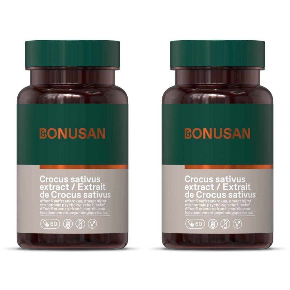 Twee flessen Bonusan. Opschrift: Crocus sativus extract. Groene etiketten, bruine flessen. 60 capsules.