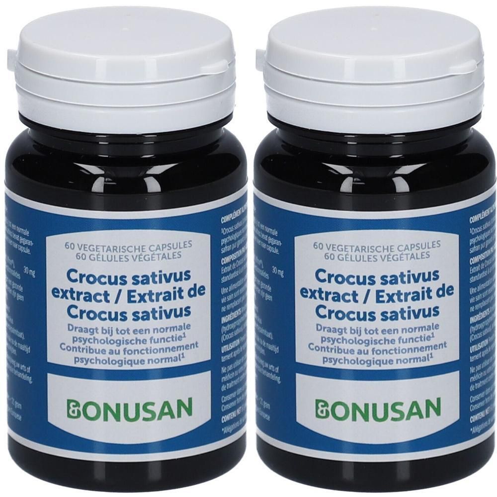 Twee flessen Bonusan Extrait de Crocus Sativus. Blauwe etiketten, witte doppen. Capsules.