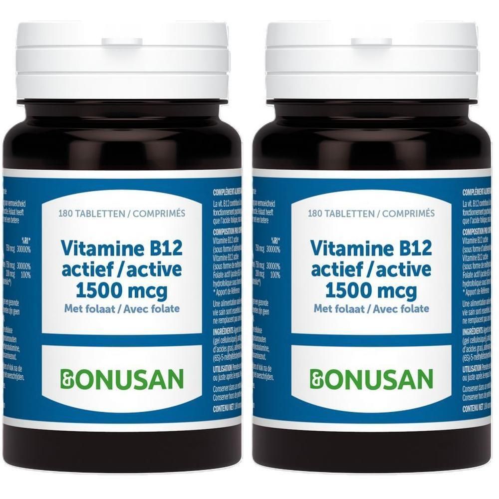 Twee flessen BONUSAN Vitamine B12 Active 1500 mcg. Blauwe etiketten met witte tekst. 180 tabletten.