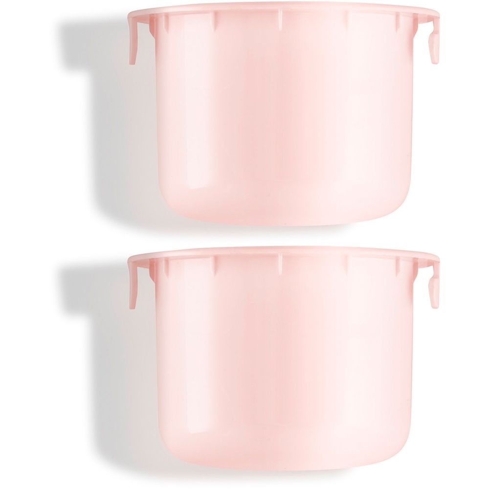 Twee roze cilindrische containers met een rand en twee lipjes aan de zijkant. Bovenaanzicht.
