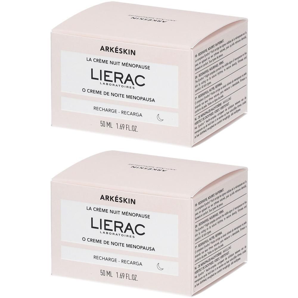 Twee roze dozen. Opschrift: Arkéskin La crème nuit ménopause, Lierac. 50 ml. Tekst en maansymbool.