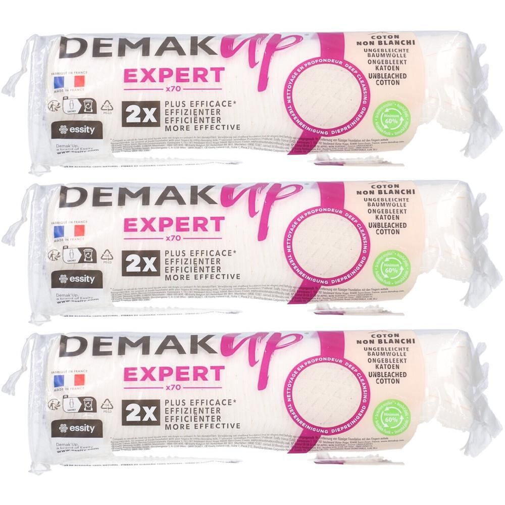 Trois paquets de cotons démaquillants. Chaque paquet contient 70 cotons. Texte: Demak'Up Expert, 2X, Plus efficace, Non blanchi.