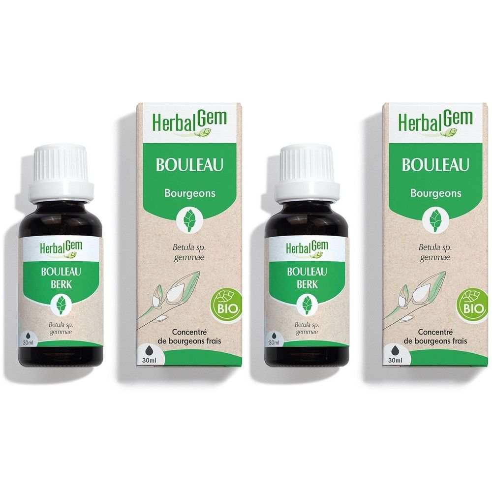 Trois flacons et emballages. Inscription: HerbalGem Bouleau Berk, Bourgeons, Bio. Concentré de bourgeons frais.