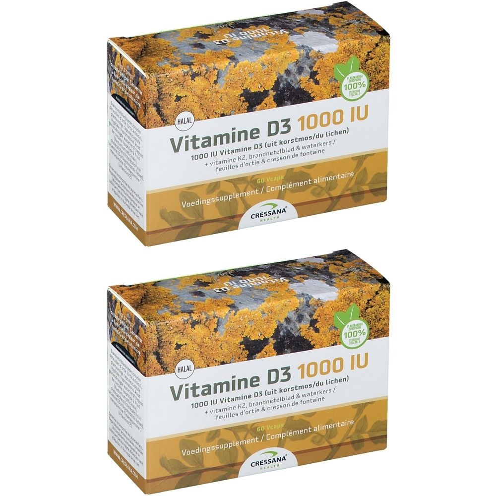 Deux boîtes de Cressana Vitamine D3 1000 IU. Inscription : Vitamine D3, 1000 IU, complément alimentaire. Emballage avec motif de paysage.