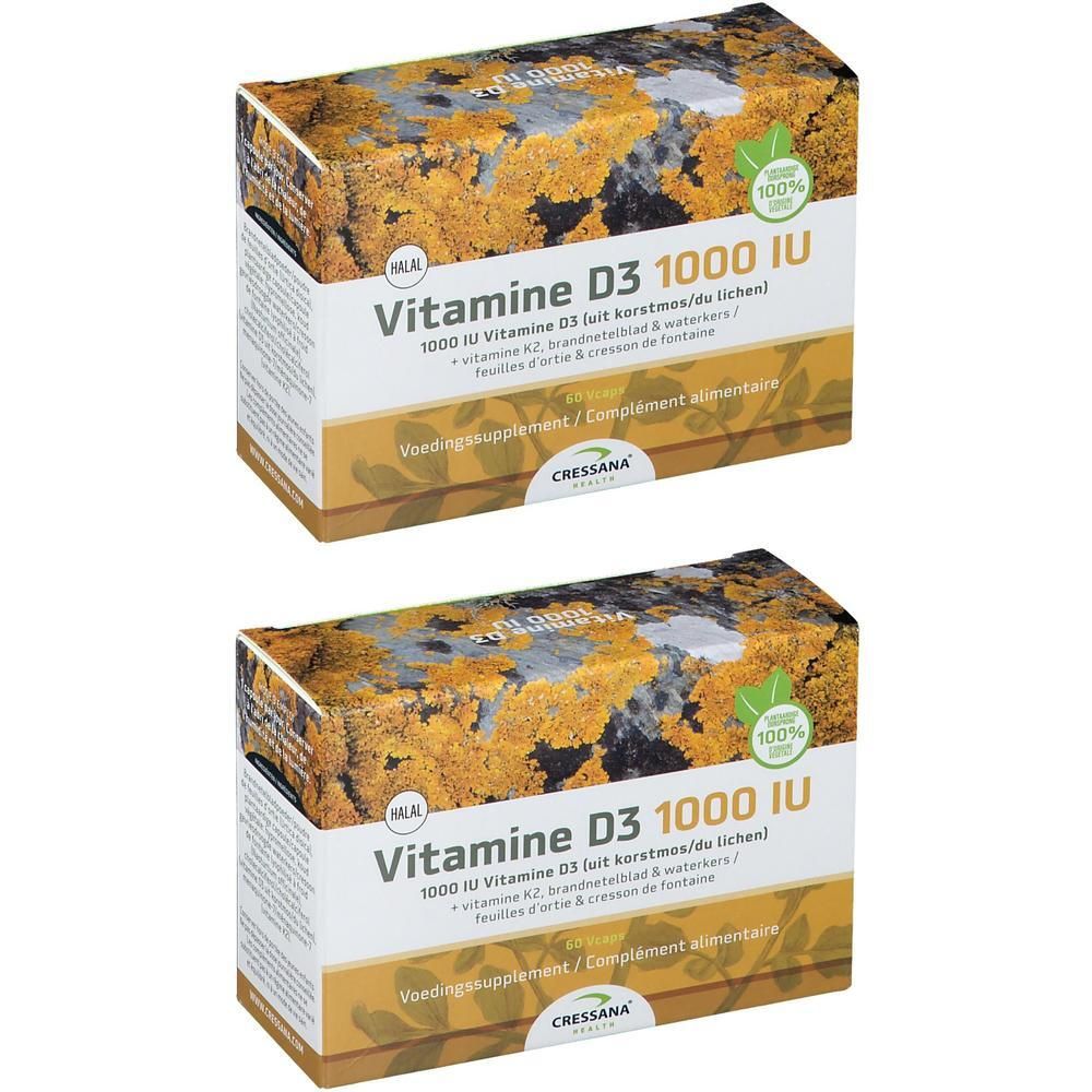 Twee dozen CRESSANA® Vitamine D3 1000IU & K2. Opschrift: Vitamine D3 1000 IU, K2, bladeren & waterkers. Groen-gele verpakking.