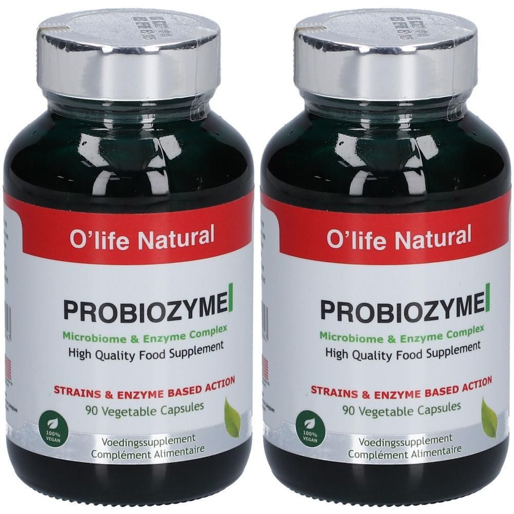 Deux flacons de O'life Natural PROBIOZYME. Bouteilles en verre vert, bouchon argenté, étiquette rouge. Texte : PROBIOZYME, 90 gélules.
