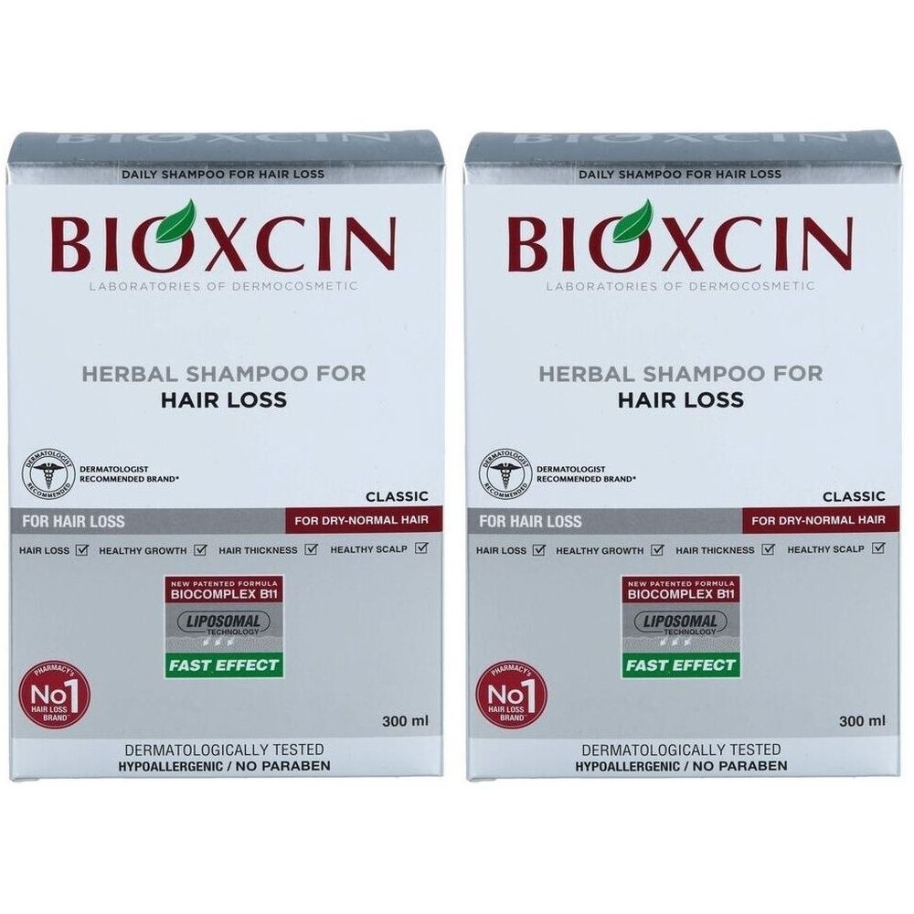 Twee dozen Bioxcin shampoo. Opschrift: Herbal Shampoo for Hair Loss. Classic. Dermatologisch getest.