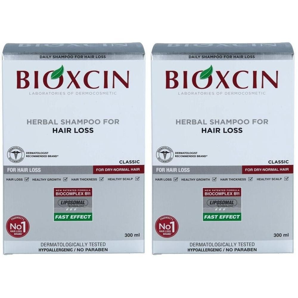 Deux boîtes de shampooing BIOXCIN contre la chute des cheveux. Blanches, avec logo et informations. 300 ml.