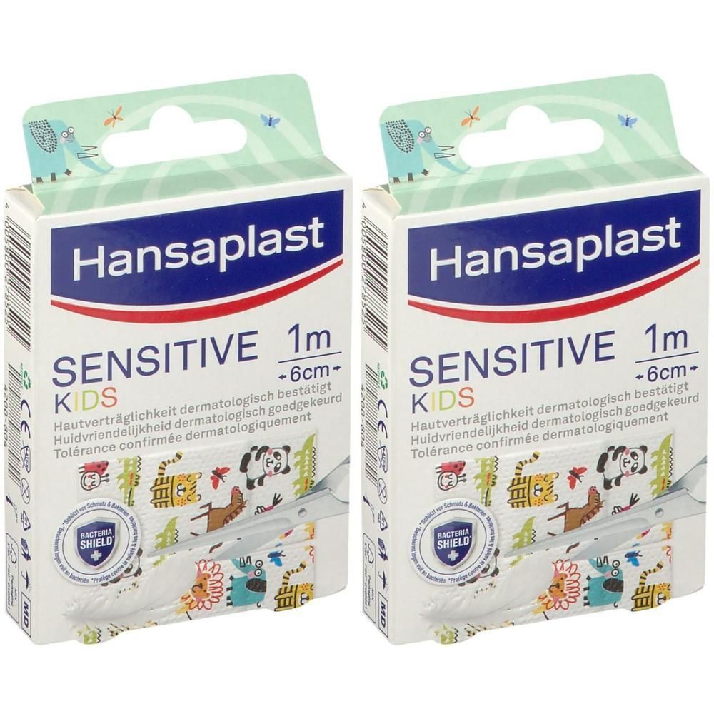 Deux boîtes de pansements Hansaplast Sensitive Kids. Inscription : Sensitive 1m x 6cm. Imprimé avec des motifs d'animaux. Tolérance confirmée.