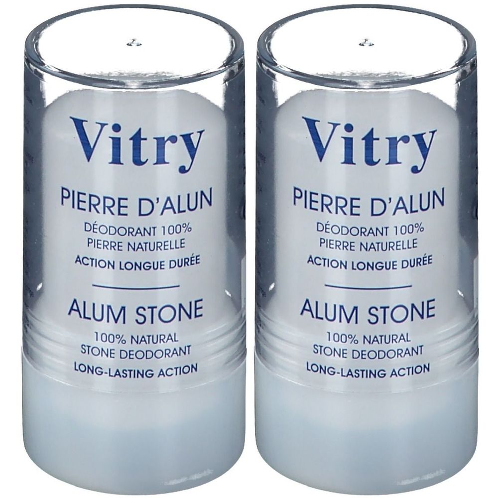 Deux bâtons de déodorant avec couvercles transparents. Inscription : Vitry, Pierre d'Alun, Alum Stone. Déodorant 100% naturel.