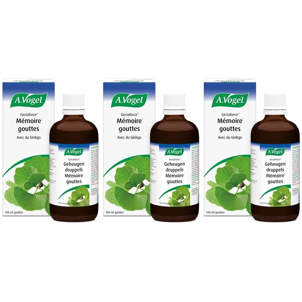 Flacons et boîtes A. Vogel Mémoire gouttes. Inscription: Mémoire gouttes Avec du Ginkgo. Flacons à bouchon blanc.