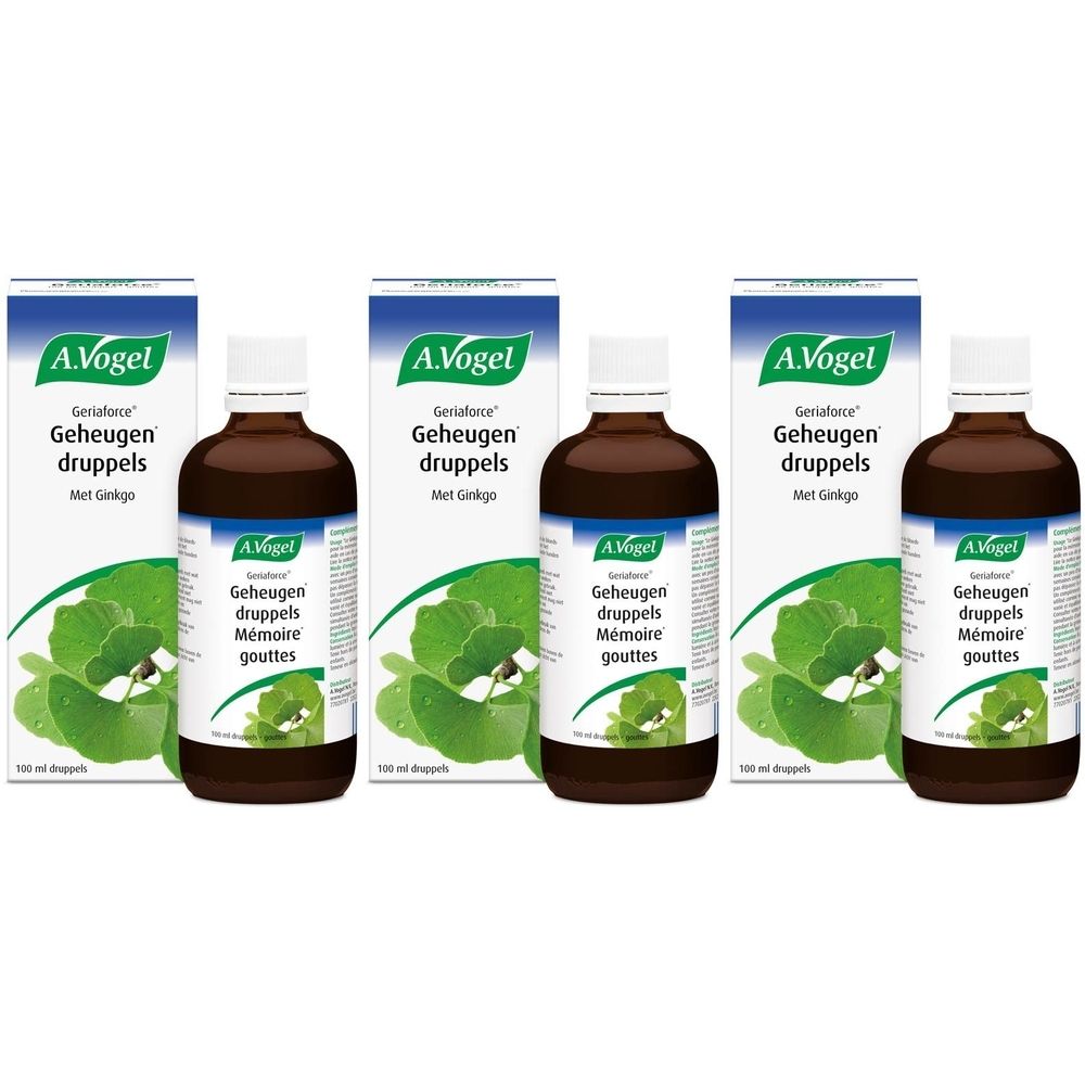A. Vogel Geriaforce® flessen en verpakkingen. Opschrift: Geheugen druppels Met Ginkgo. Flessen met witte dop.