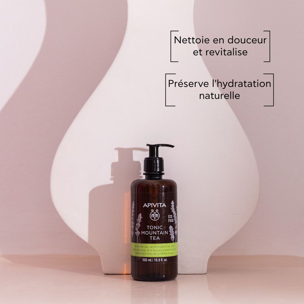 Gel douche Apivita Tonic Mountain Tea dans un flacon brun avec distributeur à pompe.