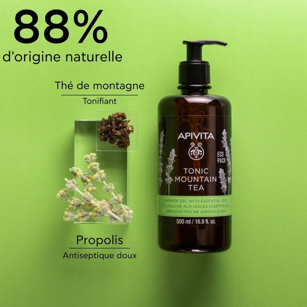 Gel douche Apivita Tonic Mountain Tea avec ingrédients de thé de montagne et de propolis.