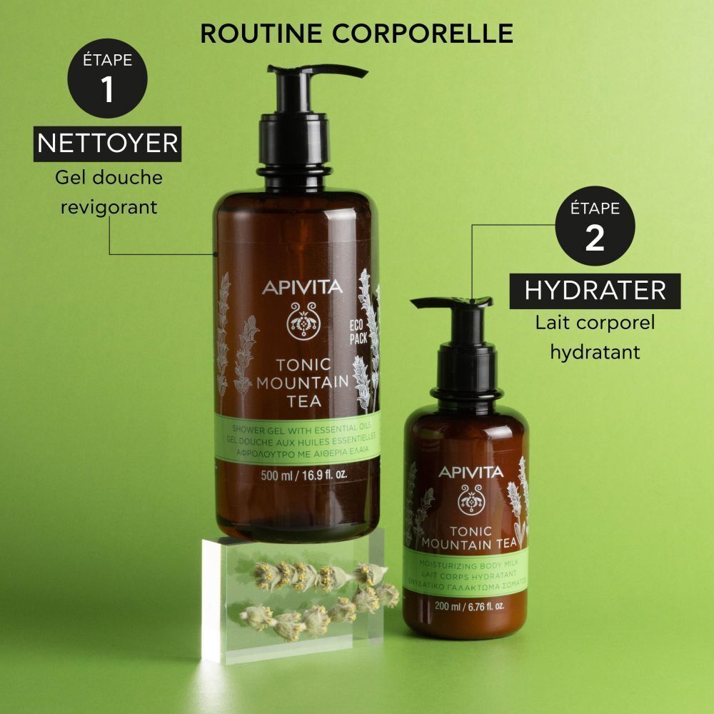 Gel douche et lait corporel Apivita Tonic Mountain Tea dans des flacons bruns.